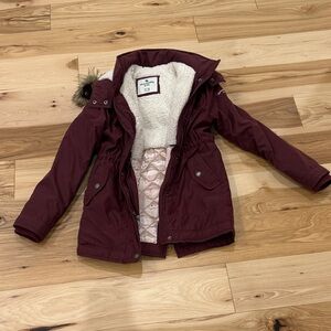 Abercrombie Kids Maroon Puffer Jacket with Faux Fur Trim